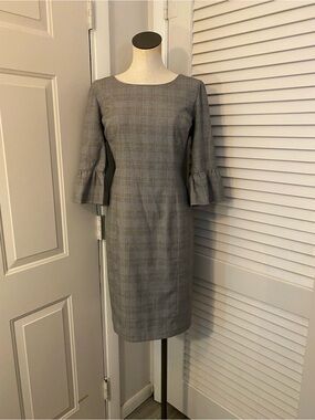 Talbots Gray Plaid Midi Sheath Dress with Ruffle Sleeves- Size 12